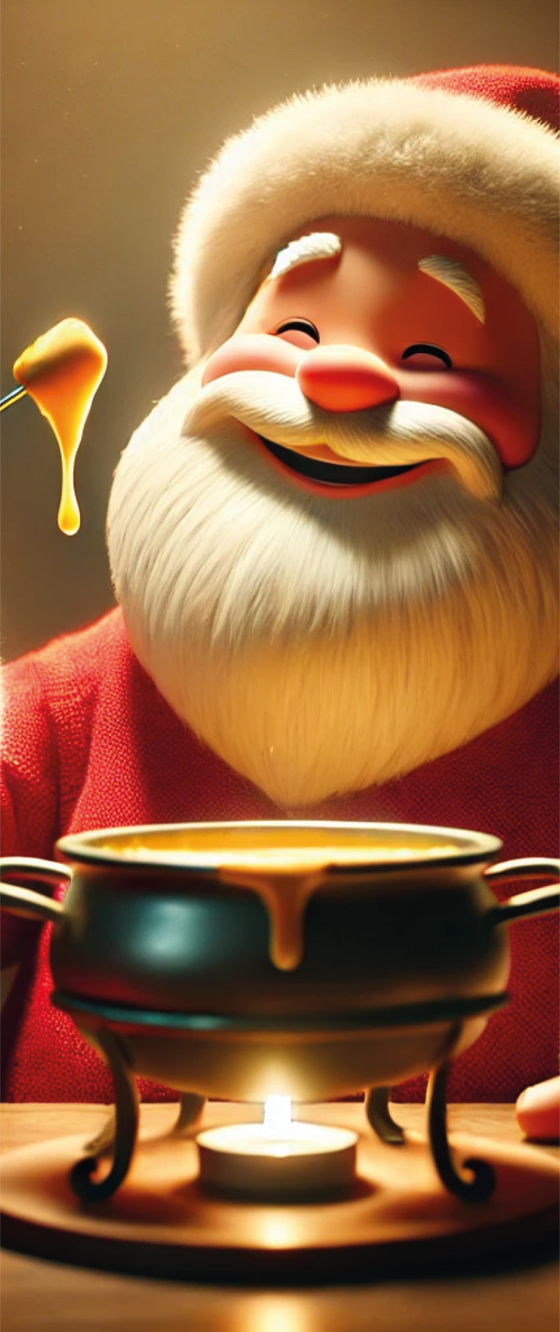 een 3D geanimeerde Kerstman geniet van een heerlijke kaasfondue